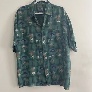 Silk Traders Green Hawaiian Palm Tree 100% silk button shirt sz M Men’s vintage
